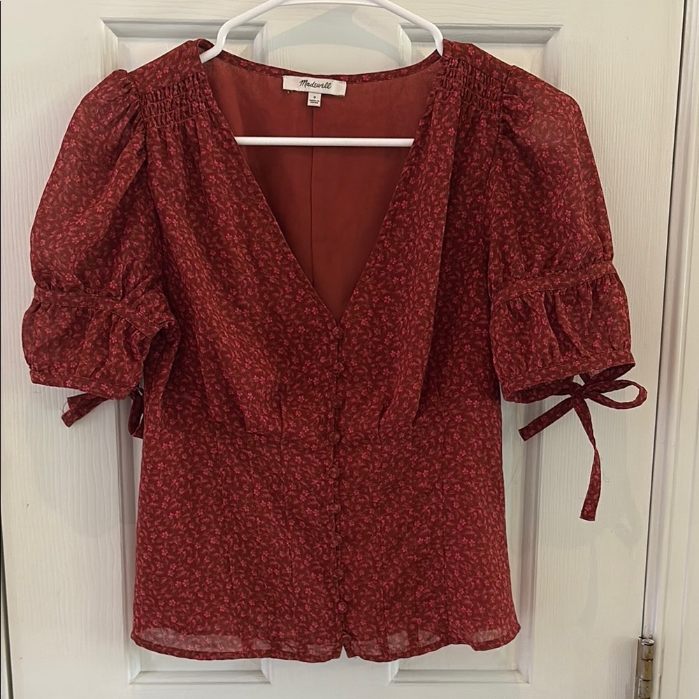 Madewell Red Floral Blouse, Short-sleeved, size 0